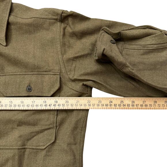 WWII Vtg Wool Shirt US Military Olive Drab Khaki Button Placket Sz 15/32 READ - Picture 12 of 16
